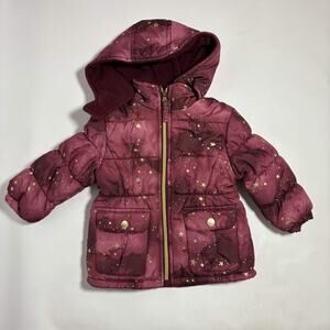 Pink Platinum Girls 18M Burgundy Gold Star Hooded Puffer Jacket
